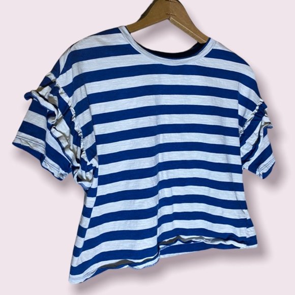 Universal Thread Cotton Blue White Stripe Short Sleeve Ruffle Tee Blouse - Picture 2 of 6